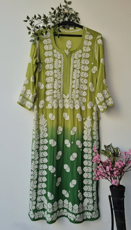 Handcrafted Mahendi heavy embroidery Georgette Chikankari Kurti for women, featuring intricate Lucknow-style hand embroidery.