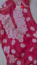 Mahi Tyrian Pink premium silk Chikankari Kurta by LVW Fashions featuring intricate hand-stitched Lucknow chikankari design.