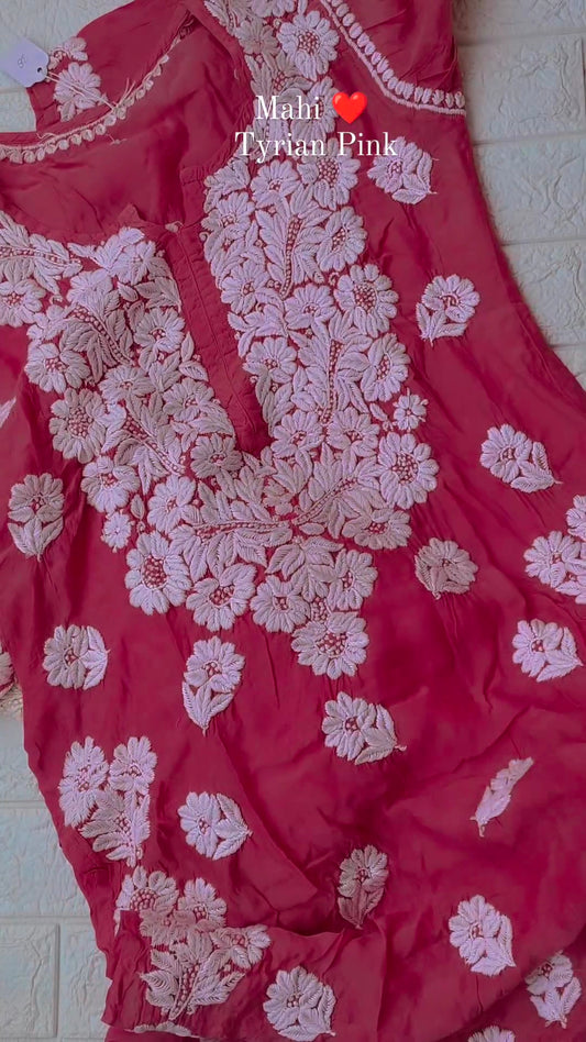 Mahi Tyrian Pink premium silk Chikankari Kurta by LVW Fashions featuring intricate hand-stitched Lucknow chikankari design.