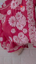 Luxurious pink silk Mahi Tyrian Pink premium Chikankari kurta by LVW Fashions, handmade in Lucknow with intricate embroidery.