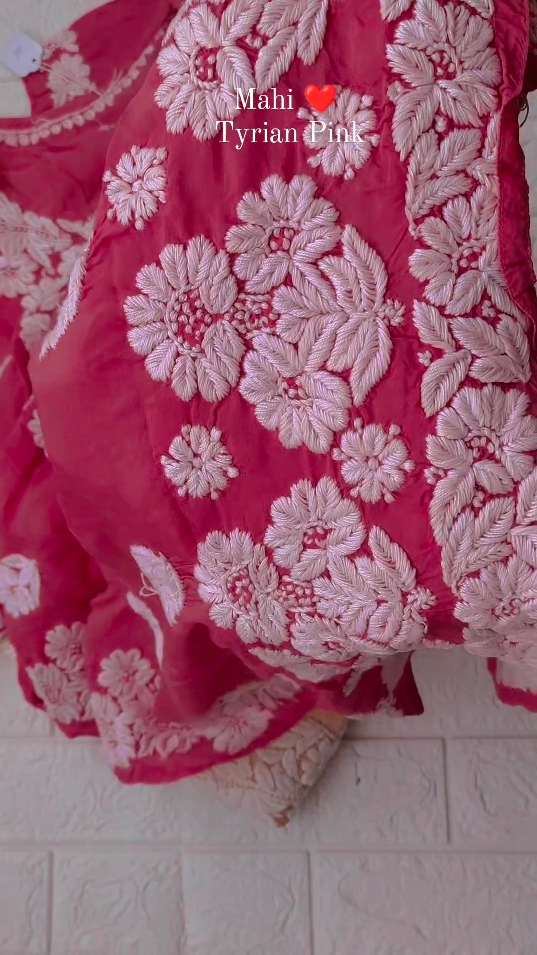 Luxurious pink silk Mahi Tyrian Pink premium Chikankari kurta by LVW Fashions, handmade in Lucknow with intricate embroidery.