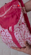 Pink Mahi Tyrian Pink silk Kurta with intricate handmade Lucknow Chikankari embroidery by LVW Fashions.
