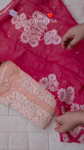 Luxurious pink silk Mahi Tyrian Pink Chikankari Kurta by LVW Fashions with intricate handmade embroidery from Lucknow.