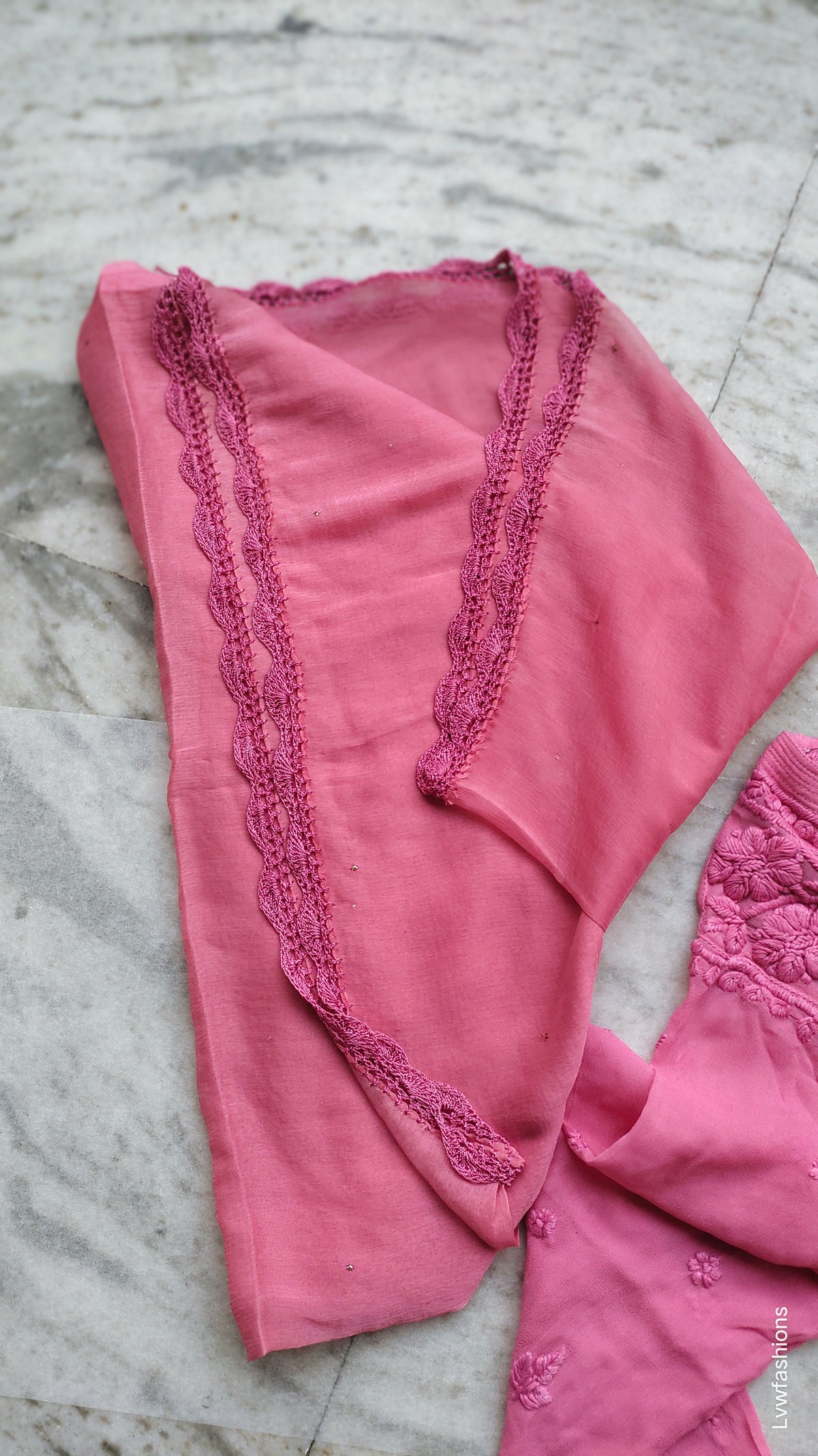 Lavender Mahira Gold Rose premium georgette palazzos set with handmade Lucknow Chikankari kurta by LVW Fashions.