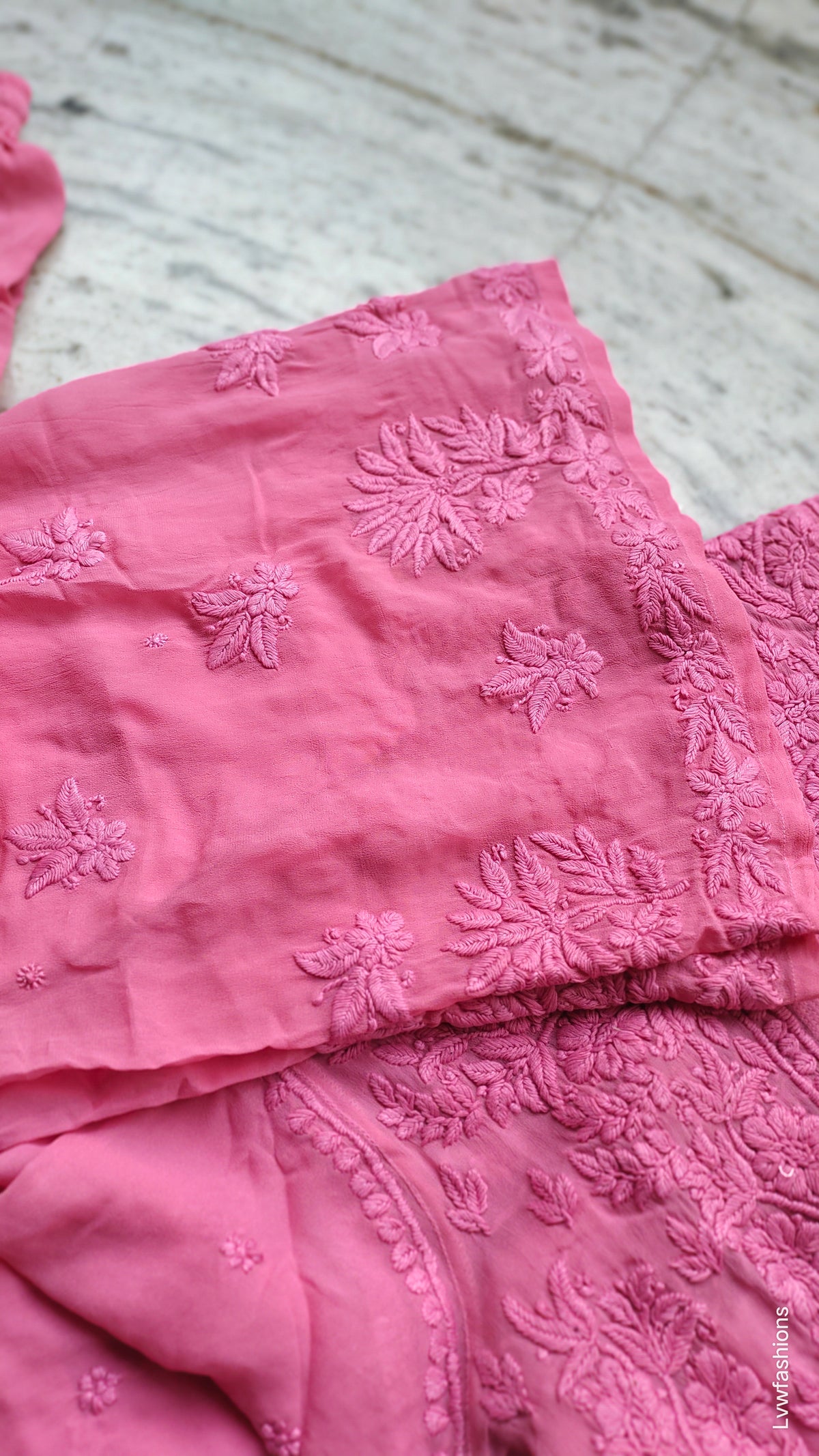 Mahira Gold Rose premium Georgette Palazzos set with handmade Lucknow Chikankari kurta, elegant traditional Indian attire.
