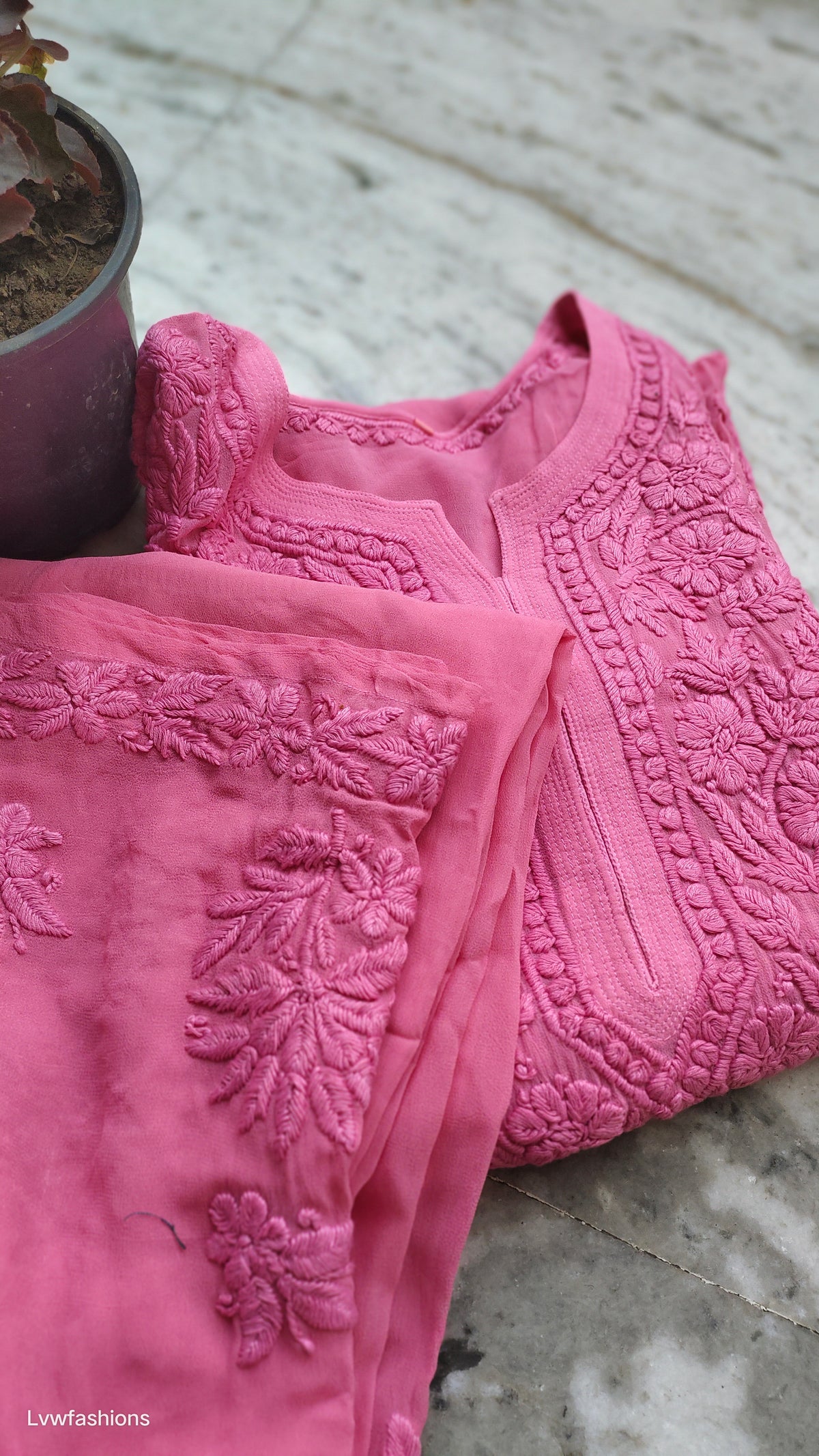 Mahira Gold Rose premium georgette palazzos set with handmade Lucknow chikankari kurta by LVW Fashions, featuring intricate embroidery.