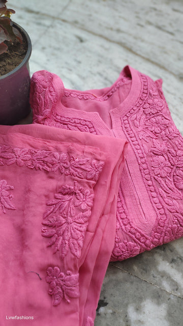 Mahira Gold Rose premium georgette palazzos set with handmade Lucknow chikankari kurta by LVW Fashions, featuring intricate embroidery.