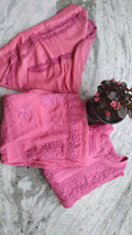Mahira Gold Rose Georgette Palazzos Set with handmade Lucknow Chikankari kurta by LVW Fashions, featuring intricate embroidery.