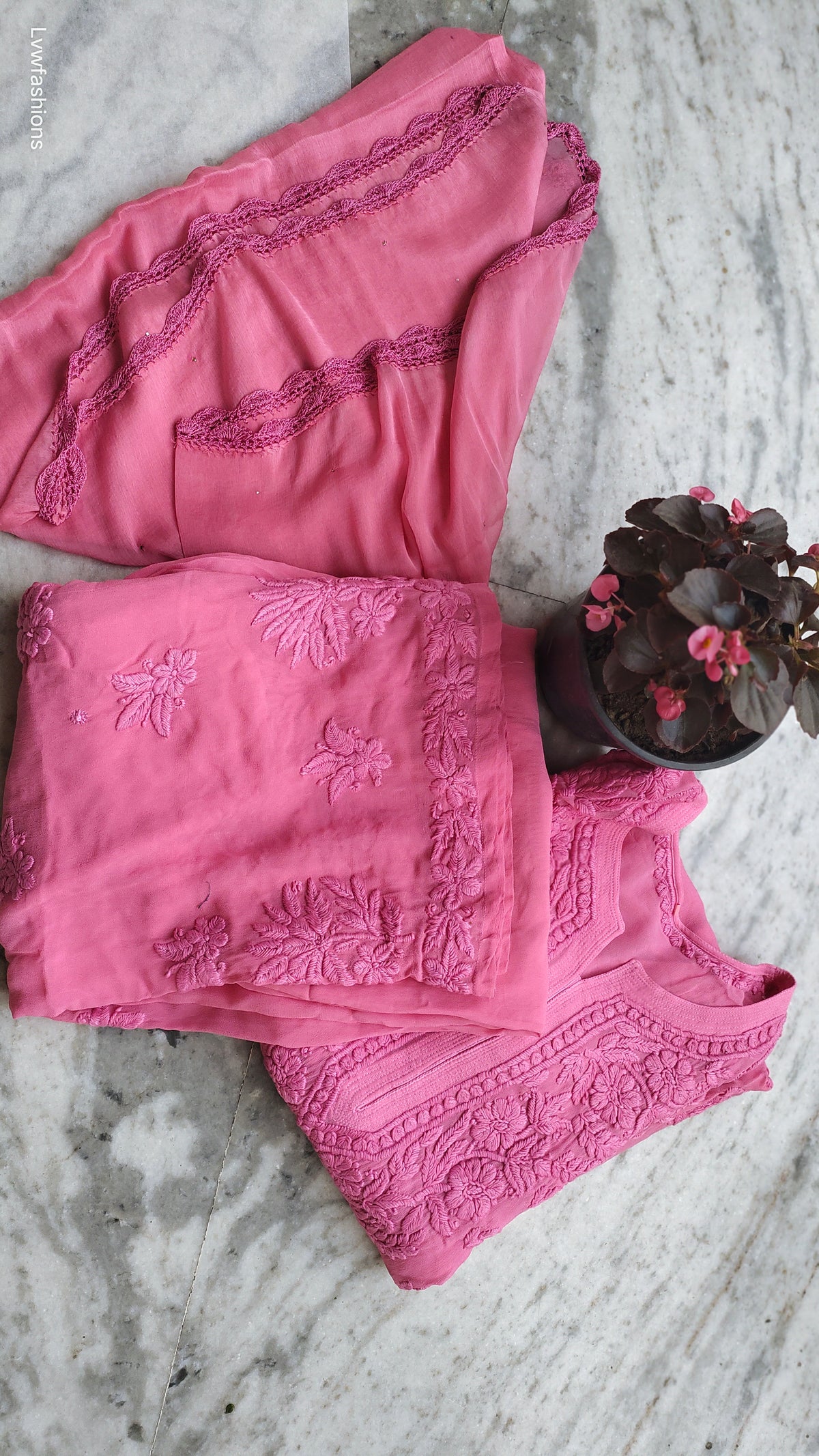 Mahira Gold Rose Georgette Palazzos Set with handmade Lucknow Chikankari kurta by LVW Fashions, featuring intricate embroidery.
