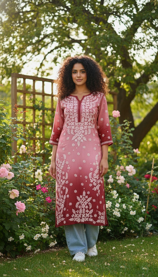 Maroon ombre Shanaya premium georgette long kurta with intricate Lucknow chikankari embroidery and neck daman detailing.