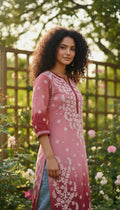 Maroon ombre Shanaya premium georgette long kurta with intricate Lucknow chikankari embroidery and neck daman detail.