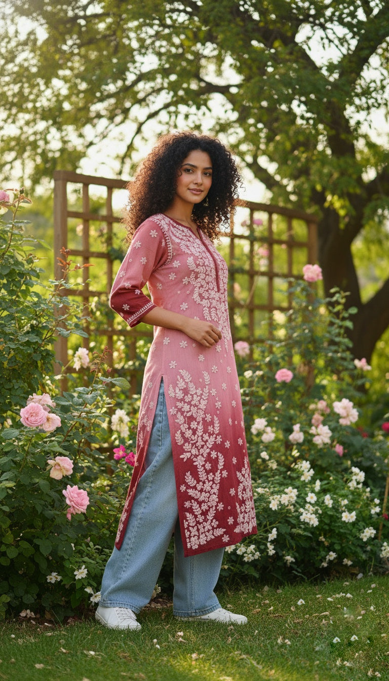 Maroon ombre Shanaya premium georgette chikankari long kurta with neck daman embroidery, handmade Lucknow chikankari by LVW Fashions.