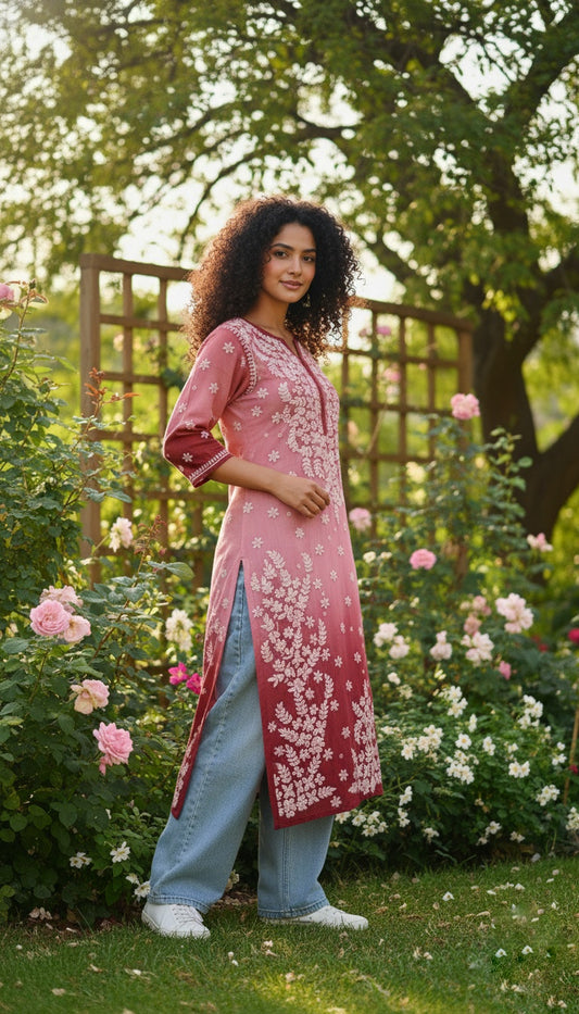 Maroon ombre Shanaya premium georgette chikankari long kurta with neck daman embroidery, handmade Lucknow chikankari by LVW Fashions.