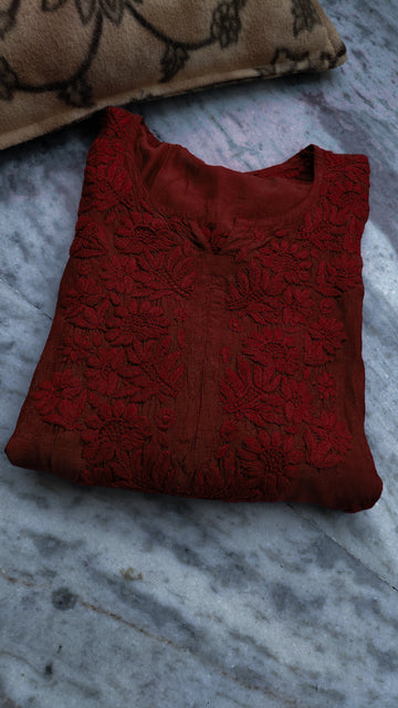 Maroon LVW Fashions premium modal soft chikankari long kurta with intricate handmade Lucknow embroidery, luxurious and elegant.