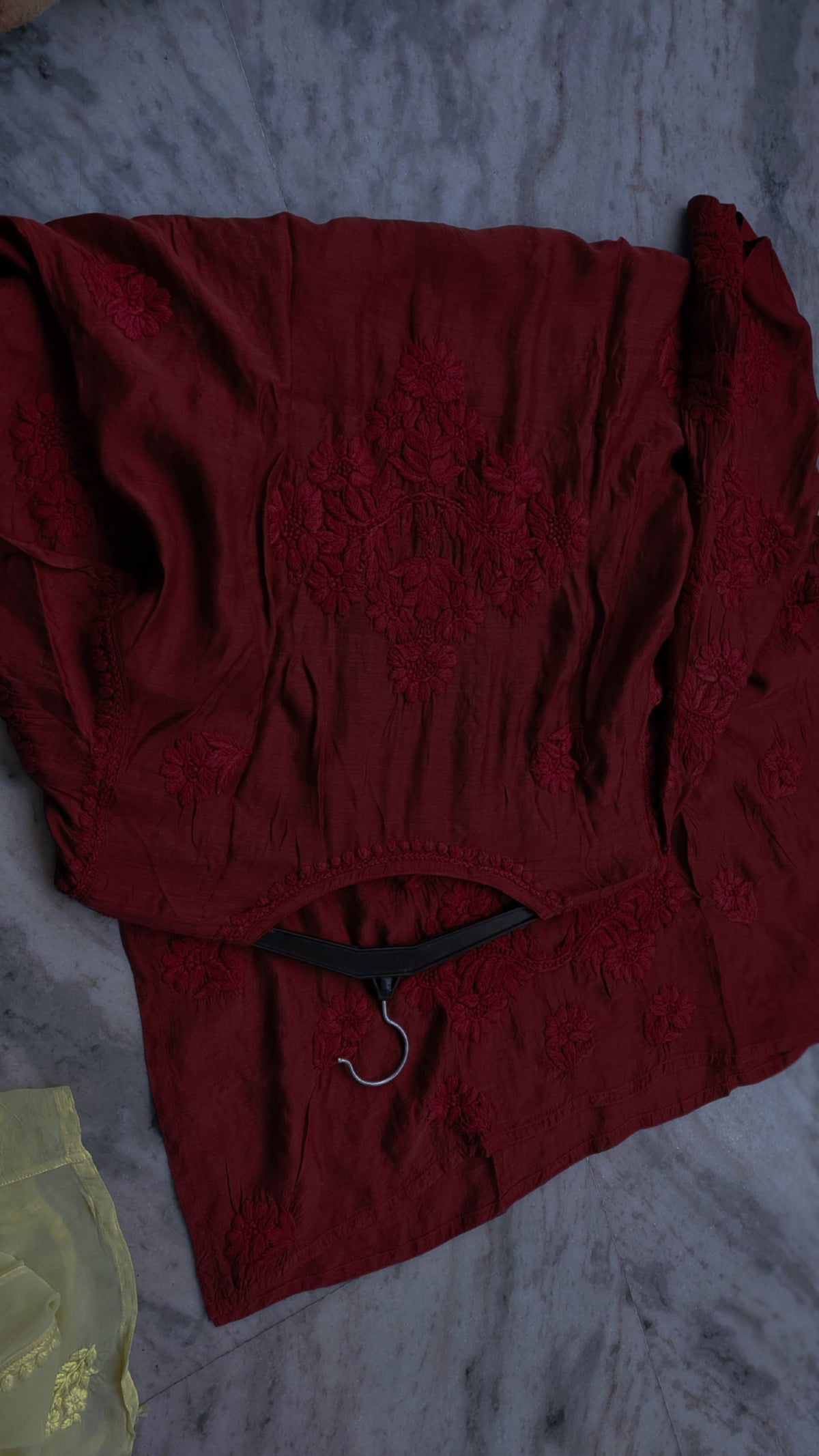 Maroon premium modal soft chikankari luxury long kurta by LVW Fashions, handcrafted Lucknow chikankari with intricate embroidery