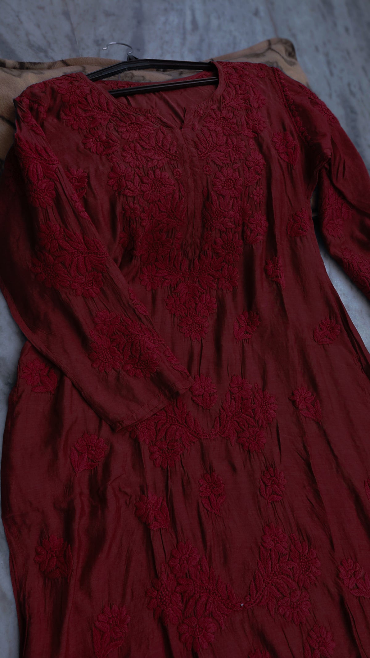 Maroon LVW Fashions premium modal soft chikankari long kurta with intricate Lucknow chikankari embroidery, handmade luxury design.