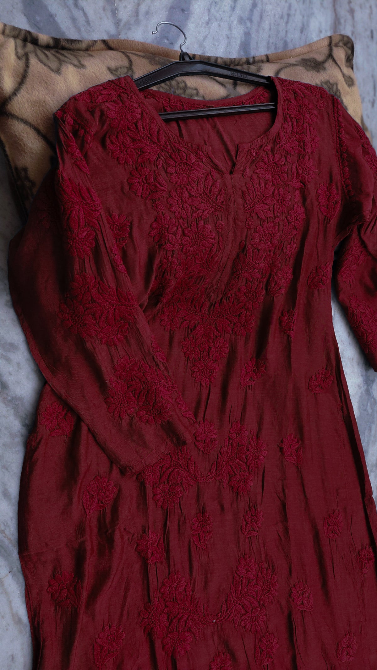 Maroon LVW Fashions premium modal soft Chikankari long kurta with intricate Lucknow embroidery, handmade luxury ethnic wear