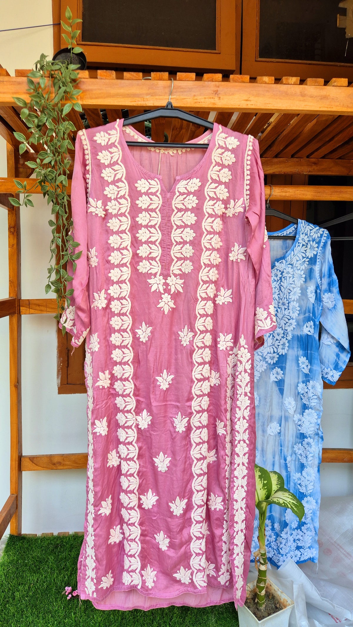 Mauve silk handmade Chikankari kurta with intricate embroidery by LVW Fashions, traditional Lucknow Chikankari craftsmanship.
