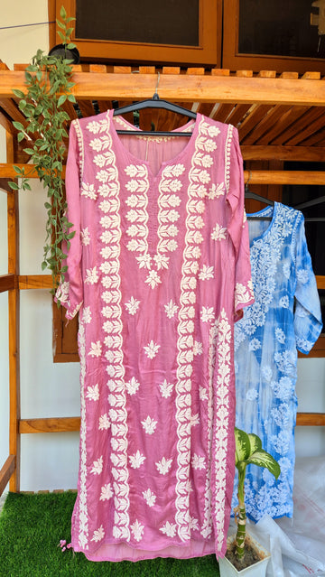 Mauve silk handmade Chikankari kurta with intricate embroidery by LVW Fashions, traditional Lucknow Chikankari craftsmanship.