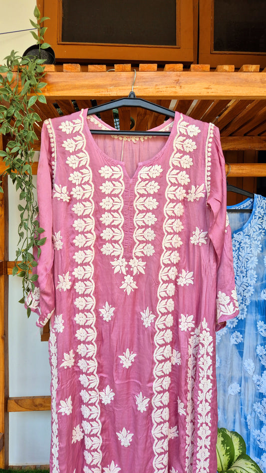 Mauve silk handmade Chikankari kurta with intricate embroidery from LVW Fashions, traditional Lucknow Chikankari design.
