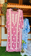 Mauve silk handmade Chikankari kurta with intricate embroidery from LVW Fashions, traditional Lucknow Chikankari design.