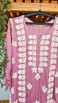 Mauve silk handmade Chikankari kurta with intricate embroidery from LVW Fashions, traditional Lucknow Chikankari craftsmanship.