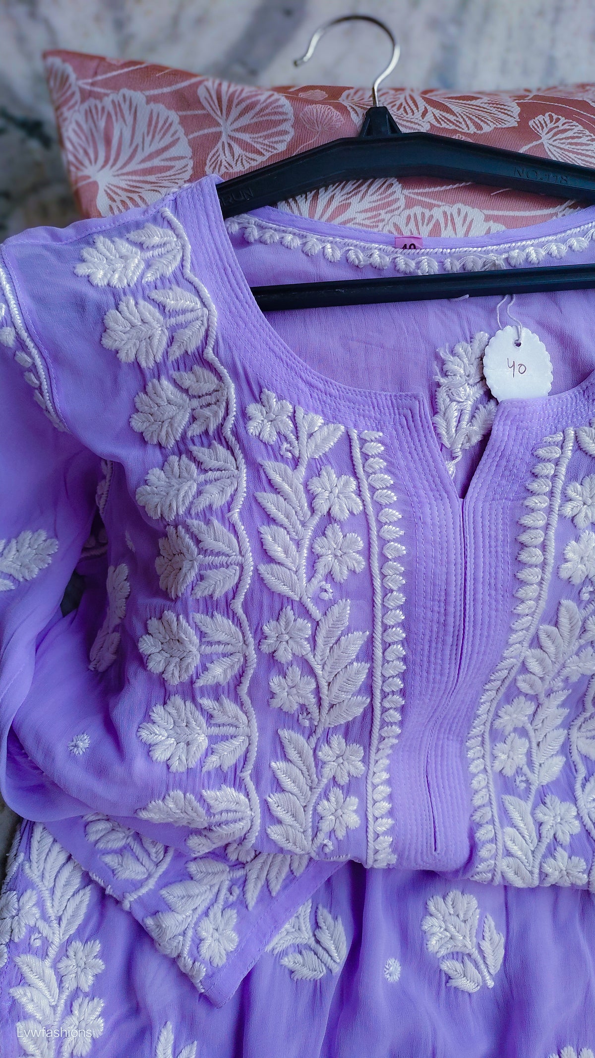 Medium purple LVW Fashions Georgette Chikankari Kurti with intricate handmade Lucknow embroidery, lightweight and elegant.