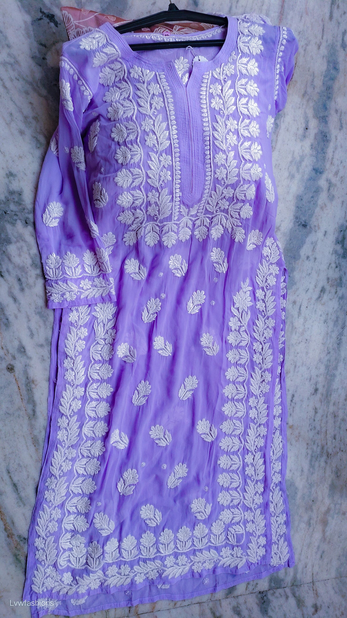 Medium purple LVW Fashions handmade Georgette Chikankari Kurti with intricate Lucknow embroidery, showcasing traditional craftsmanship.