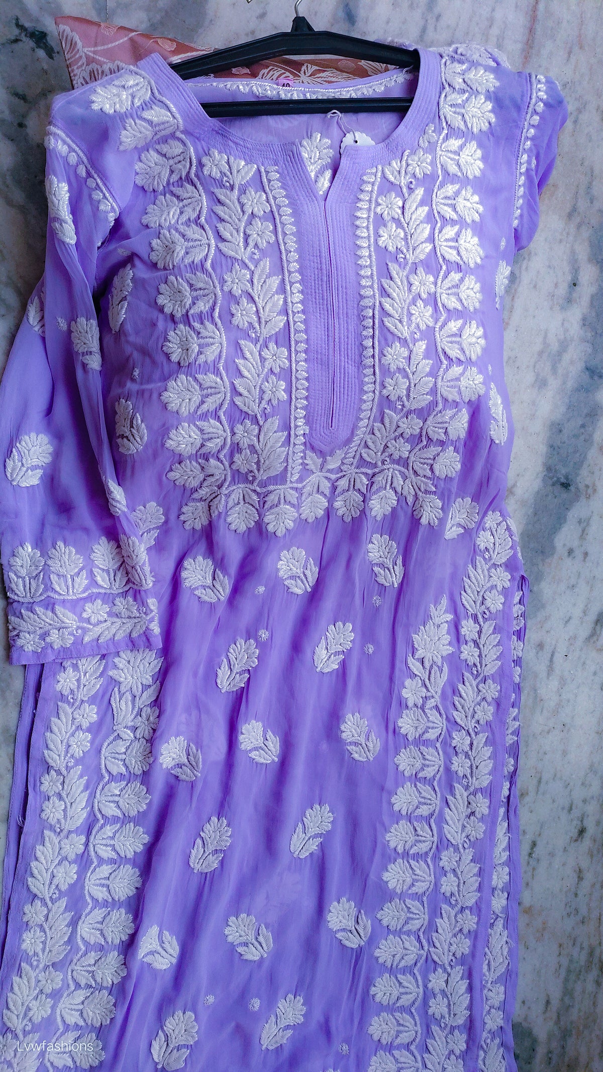 Medium purple LVW Fashions Georgette Chikankari Kurti with intricate handmade Lucknow embroidery, showcasing traditional craftsmanship.