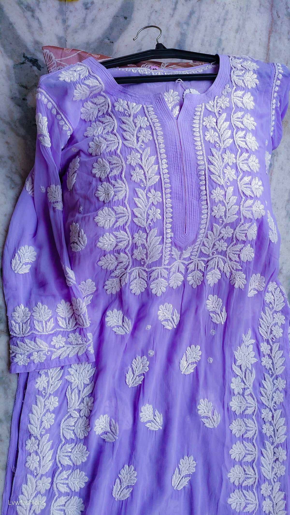 Medium purple LVW Fashions handmade Georgette Chikankari Kurti with intricate Lucknow-style embroidery.
