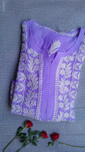 Medium purple LVW Fashions Georgette Chikankari Kurti with intricate handmade Lucknow embroidery, showcasing traditional craftsmanship.