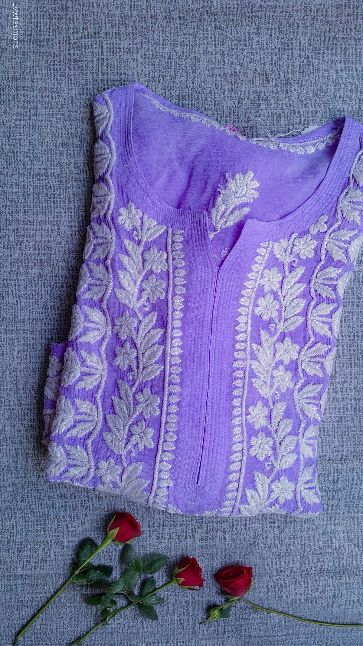 Medium purple LVW Fashions Georgette Chikankari Kurti with intricate handmade Lucknow embroidery, showcasing traditional craftsmanship.