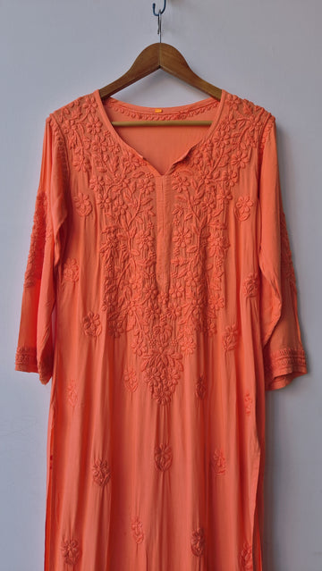 Medium vermilion LVW Fashions soft non-transparent modal chikankari long kurta with intricate Lucknow embroidery, handmade and elegant.