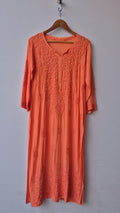 Medium vermilion LVW Fashions soft non-transparent modal long Kurta with intricate handmade Lucknow Chikankari embroidery.