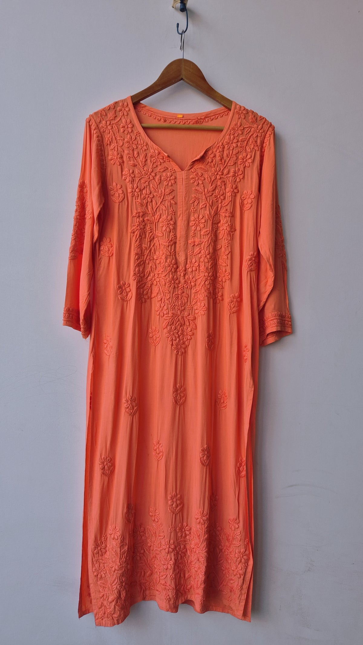 Medium vermilion LVW Fashions soft non-transparent modal long Kurta with intricate handmade Lucknow Chikankari embroidery.
