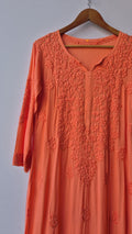 Medium vermilion LVW Fashions soft non-transparent modal Chikankari long kurta with intricate handmade Lucknow embroidery.