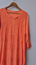 Medium vermilion LVW Fashions soft non-transparent modal chikankari long kurta with intricate Lucknow embroidery and handmade detailing.