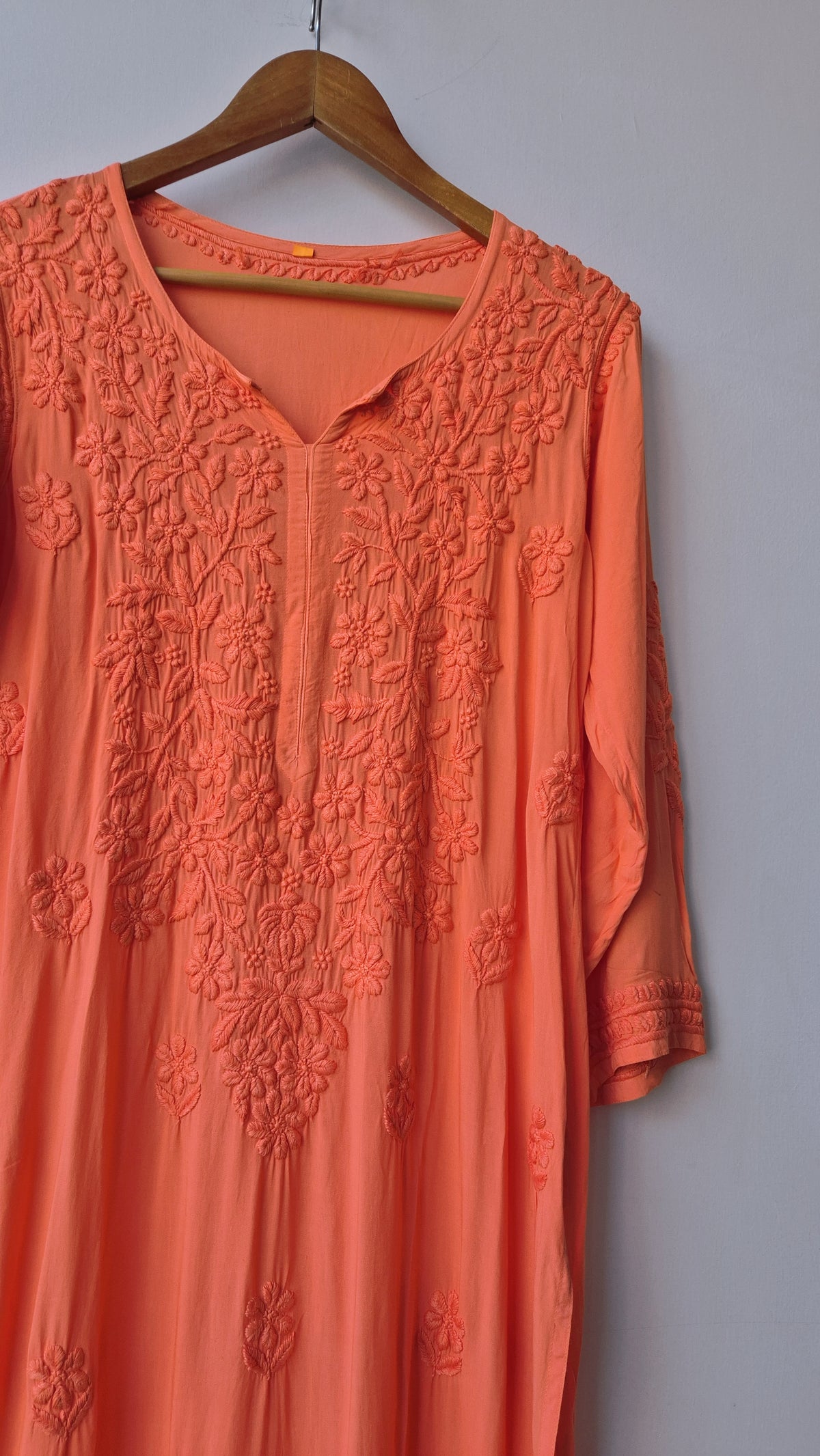 Medium vermilion LVW Fashions soft non-transparent modal chikankari long kurta with intricate Lucknow embroidery and handmade detailing.