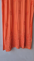 Medium vermilion LVW Fashions soft non-transparent modal chikankari long kurta with intricate handmade Lucknow embroidery.