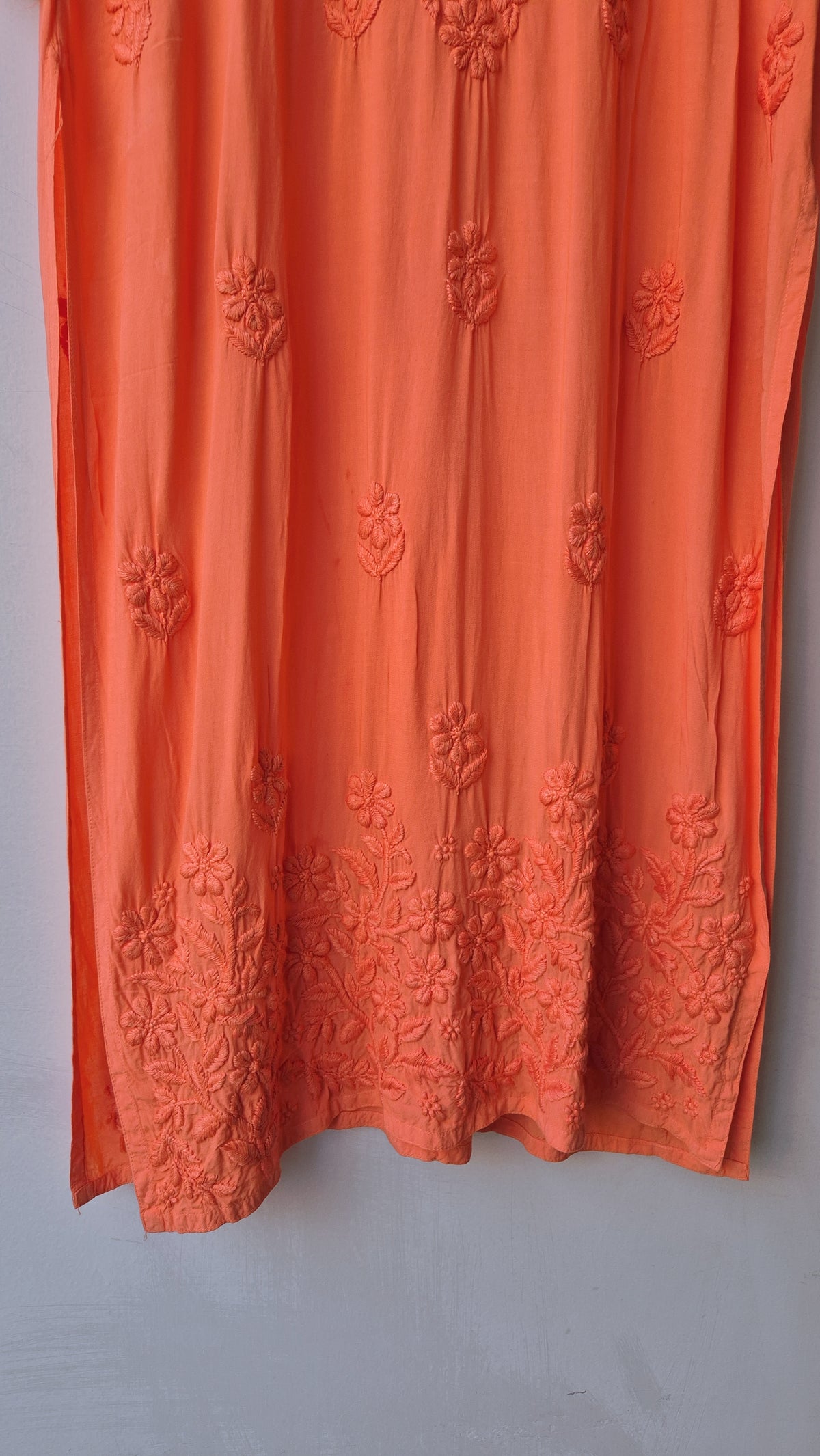 Medium vermilion LVW Fashions soft non-transparent modal chikankari long kurta with intricate handmade Lucknow embroidery.