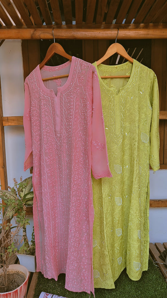 Noorani premium silk and georgette chikankari kurta with pearls and cutdana embroidery, handmade in Lucknow by LVW Fashions.