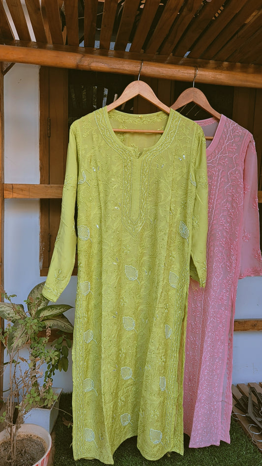 Noorani premium silk and georgette chikankari kurta with pearl and cutdana embroidery, handmade by LVW Fashions in Lucknow.