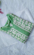 Middle green premium georgette Chikankari long kurta by LVW Fashions with intricate hand-embroidered Lucknow Chikankari design.