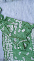 Middle green premium georgette Chikankari long kurta by LVW Fashions with intricate handmade Lucknow chikankari embroidery.
