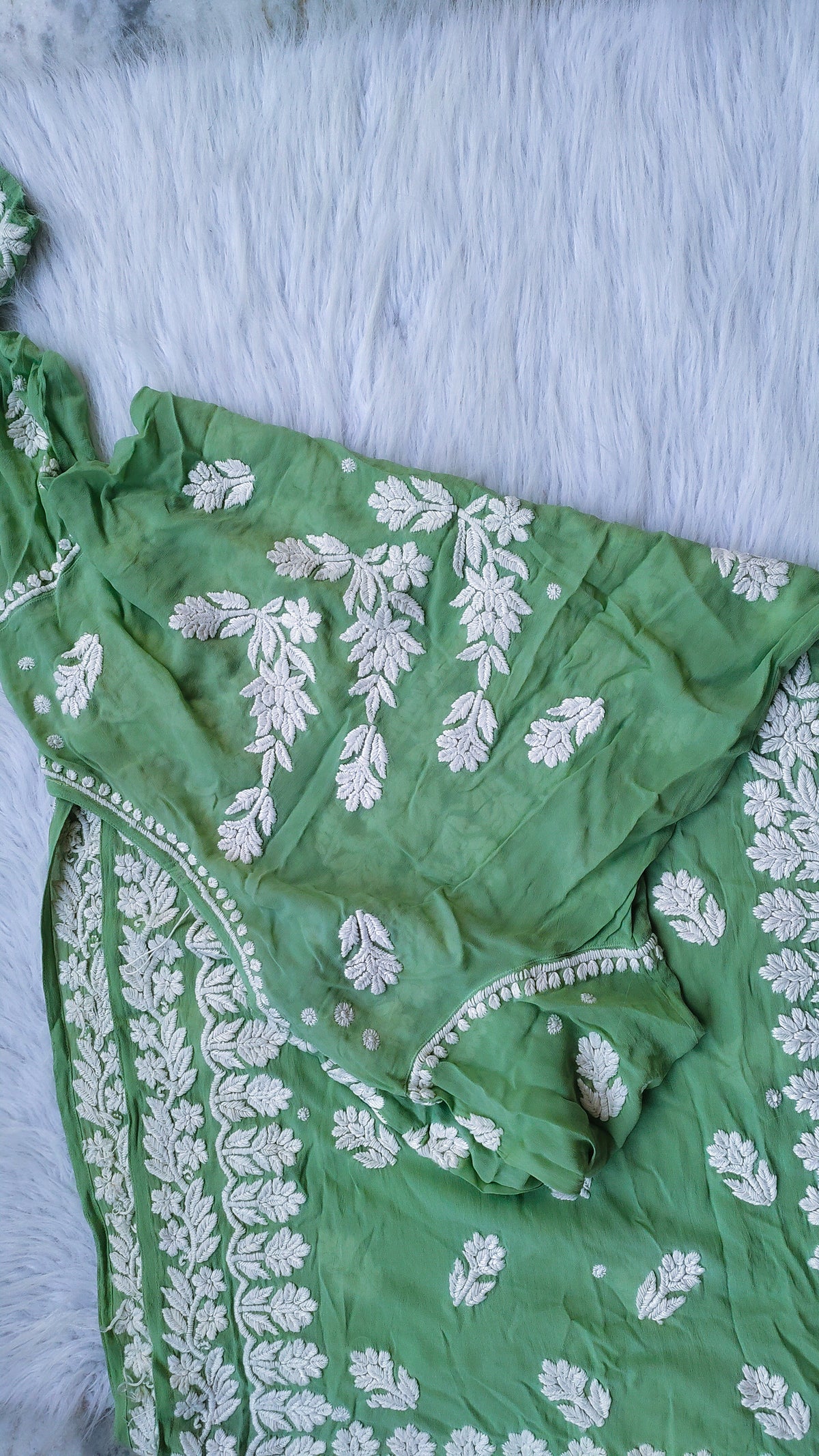 Middle green premium georgette Chikankari long kurta by LVW Fashions with intricate handmade Lucknow chikankari embroidery.