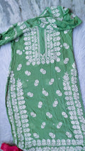 Middle green premium georgette Chikankari long kurta by LVW Fashions featuring intricate handmade Lucknow chikankari embroidery.