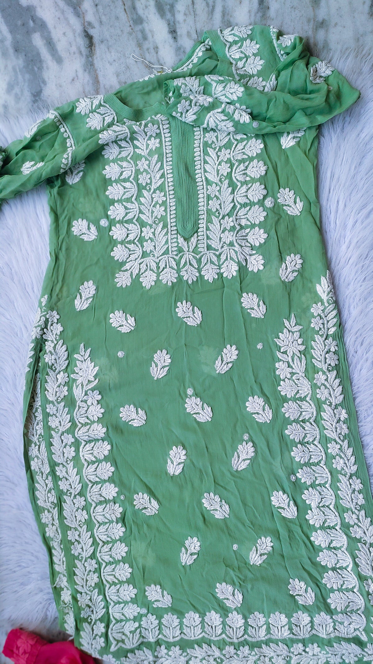 Middle green premium georgette Chikankari long kurta by LVW Fashions featuring intricate handmade Lucknow chikankari embroidery.