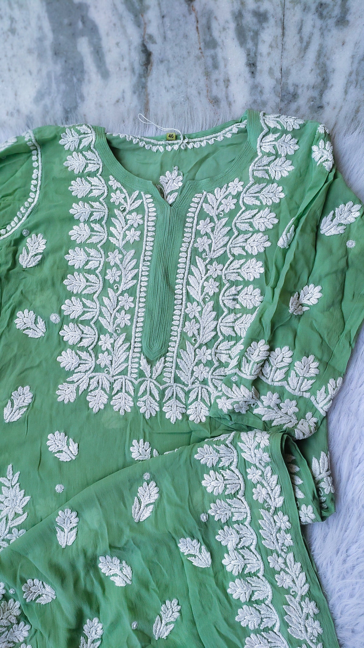 Middle green premium georgette long kurta with intricate handmade Lucknow chikankari embroidery from LVW Fashions.