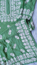 Middle green premium georgette long kurta with intricate handmade Lucknow chikankari embroidery from LVW Fashions.