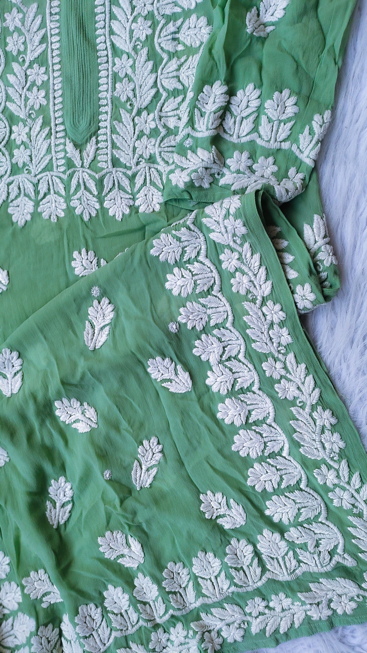 Middle green premium georgette long kurta with intricate handmade Lucknow chikankari embroidery from LVW Fashions.